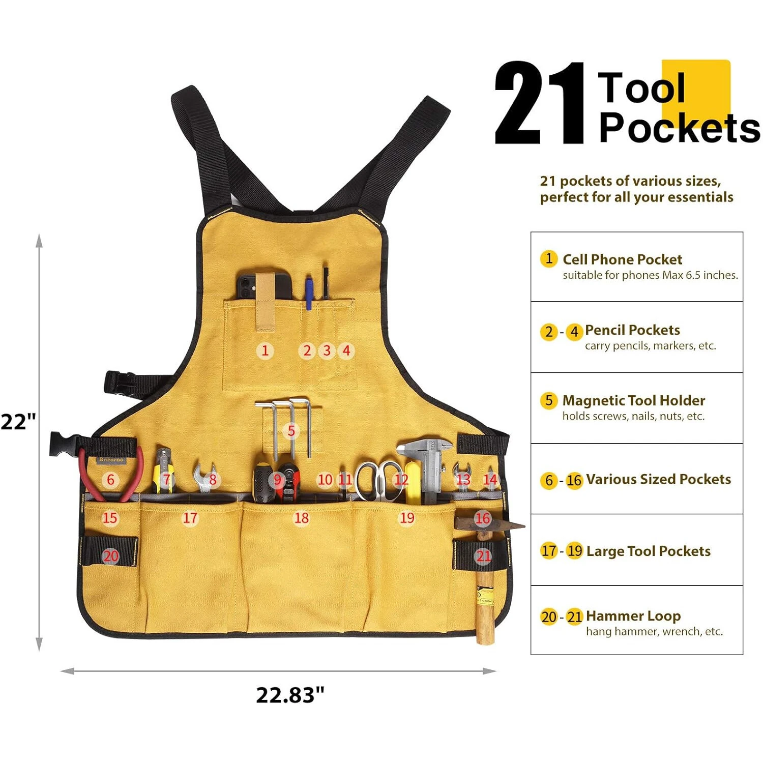 Heavy Duty Canvas Work Apron - 21 Pockets & Magnetic Holder | Adjustable Tool Organizer - Image 3