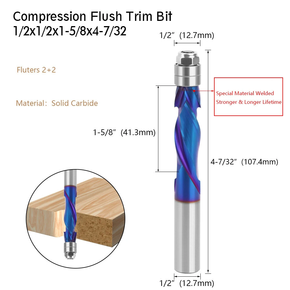 YK20 Carbide CNC Router Bit | 1/2 Shank Blue Coated Compression Flush Trim Mill - Image 5