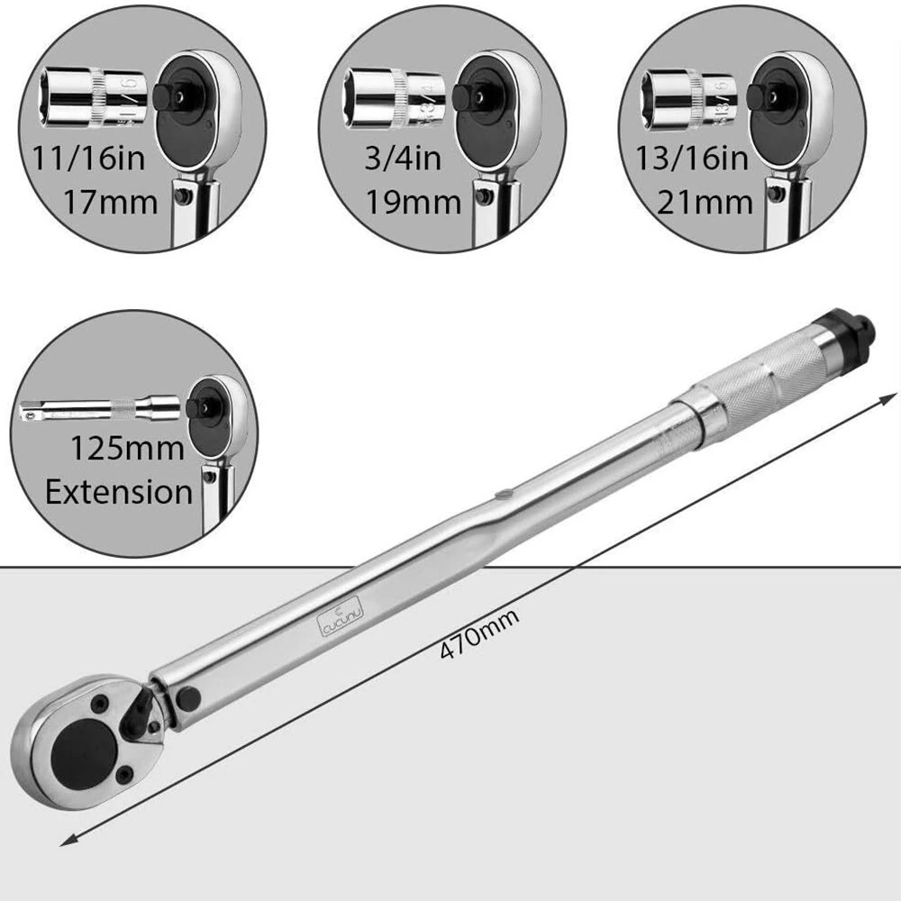 5PCS Torque Wrench Set 28-210Nm | Bi-Directional Heat-Treated Steel | 3 Sockets & Extension Bar - Image 4