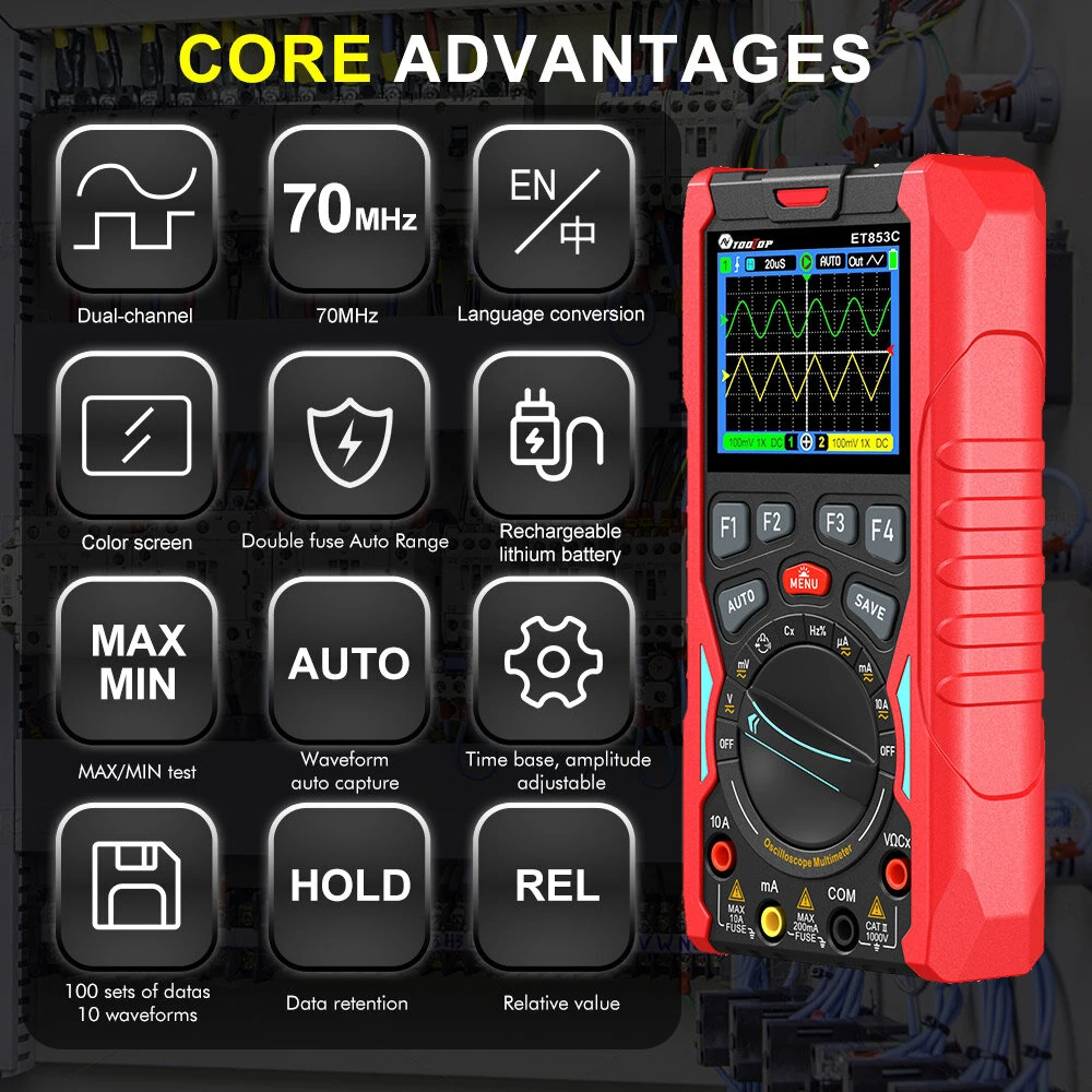 ET853C 3-in-1 Oscilloscope Multimeter Signal Generator | 70MHz 200Msps | Dual Channel Color Screen & Rechargeable Battery - Image 3