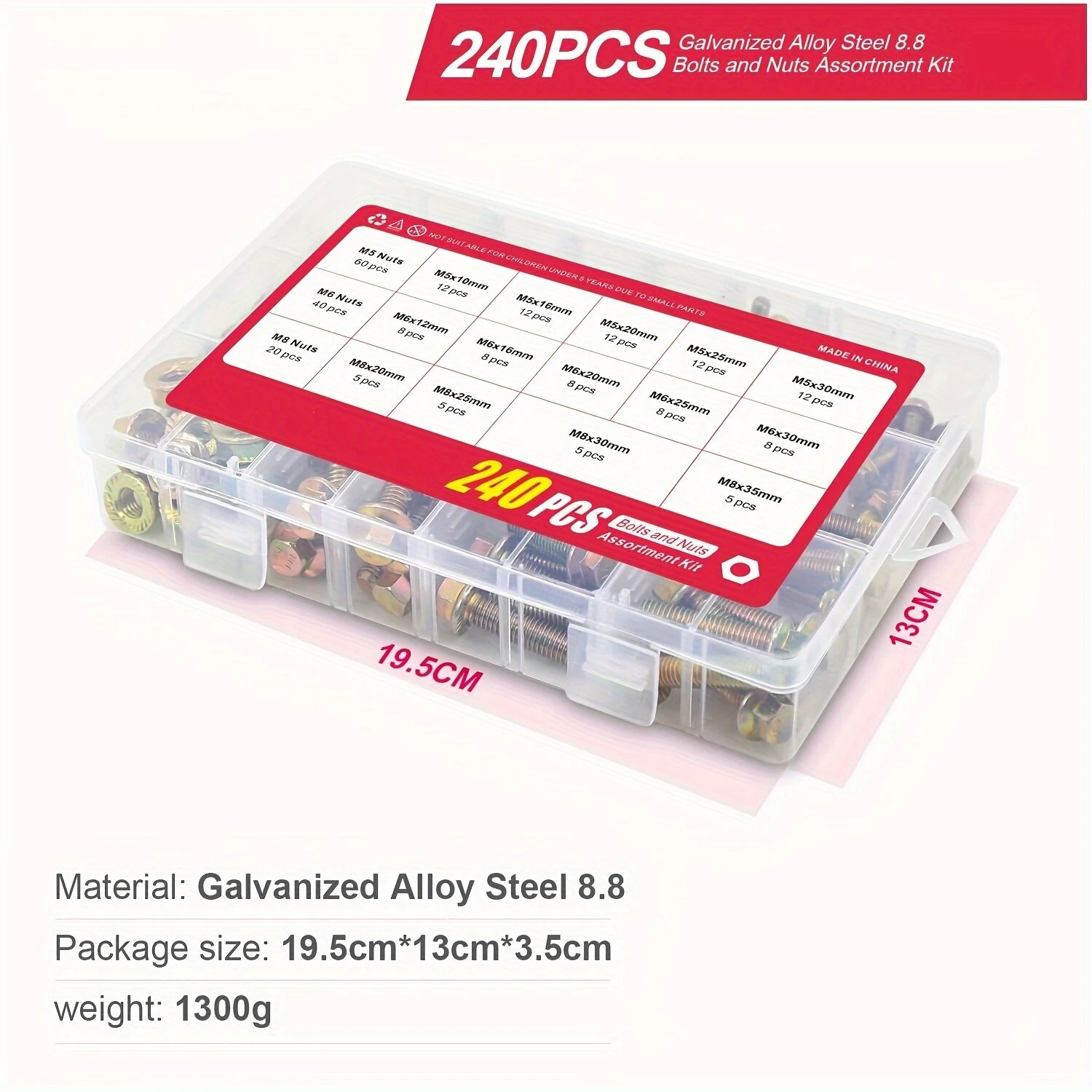 Grade 8.8 Alloy Steel Hex Screws & Nuts Kit 240pcs | M5 M6 M8 Metric | Corrosion-Resistant - Image 2