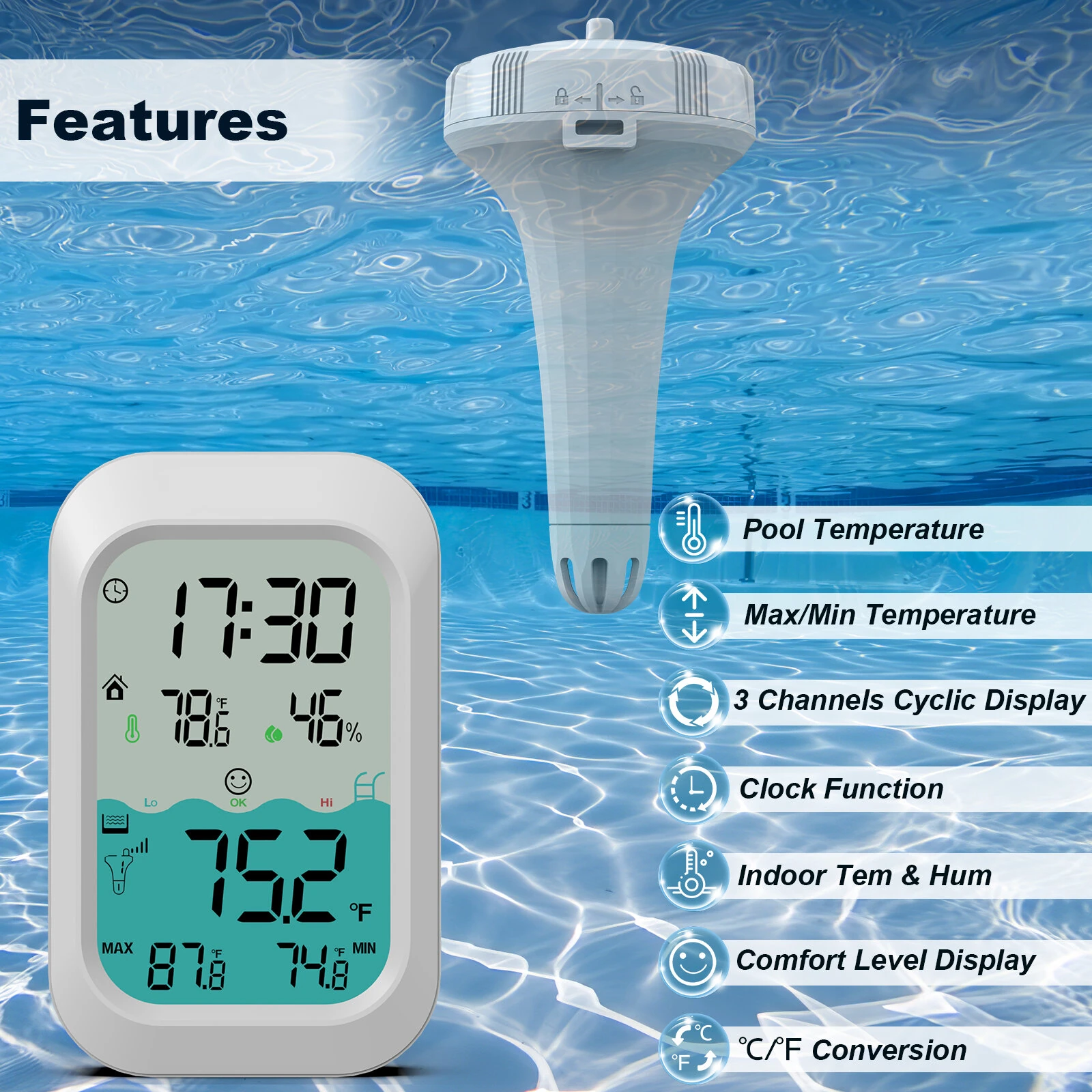 MESTEK CP02 Wireless Pool Thermometer - 500ft Range LED Backlight Waterproof - Image 2