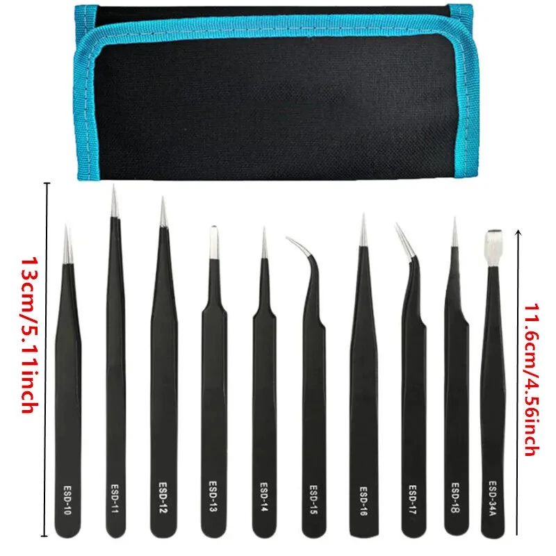 9-Piece Anti-Static Precision Tweezers Set | Stainless Steel | For Electronics & Phone Repair - Image 3