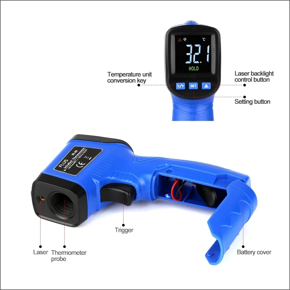 FLUS IR-88 Infrared Thermometer | -58°F to 716°F | Handheld Digital Laser Gun - Image 2