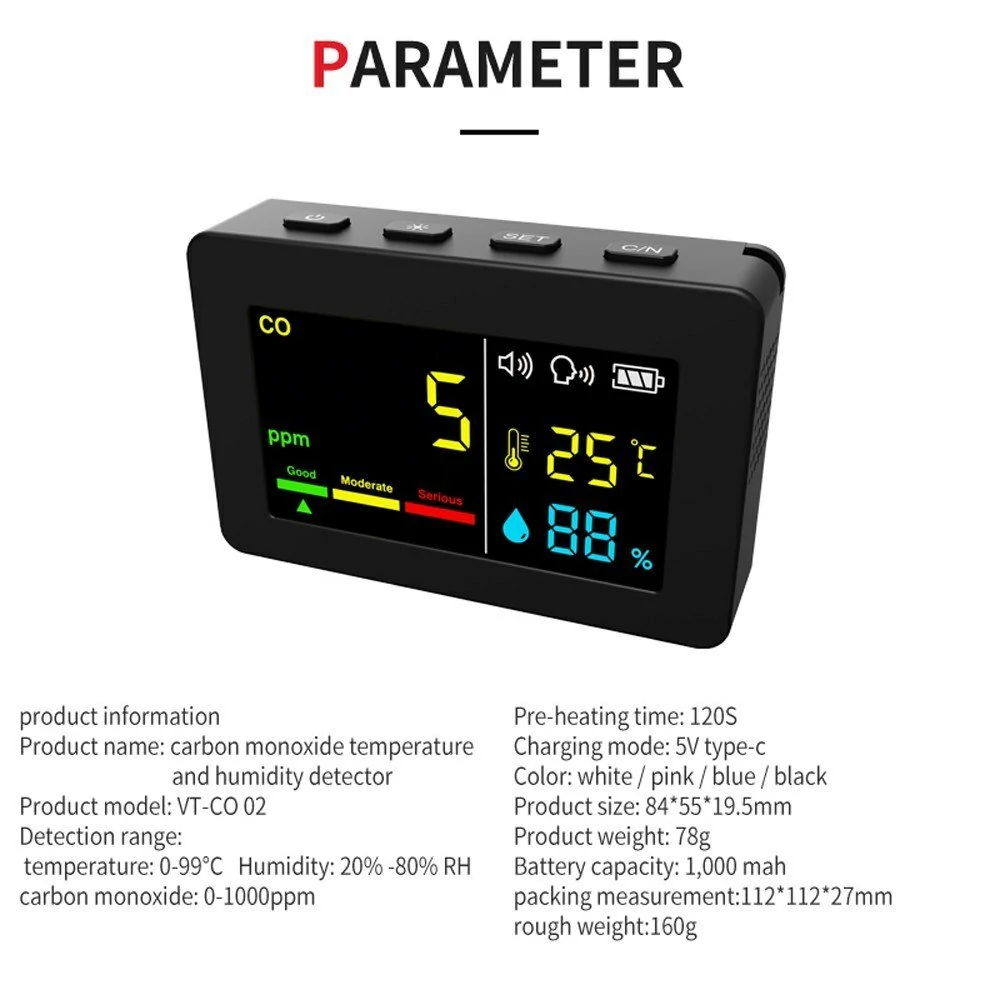 Portable Air Quality Meter - CO, Temperature & Humidity Tester | Color Screen & Voice Alarm - Image 5