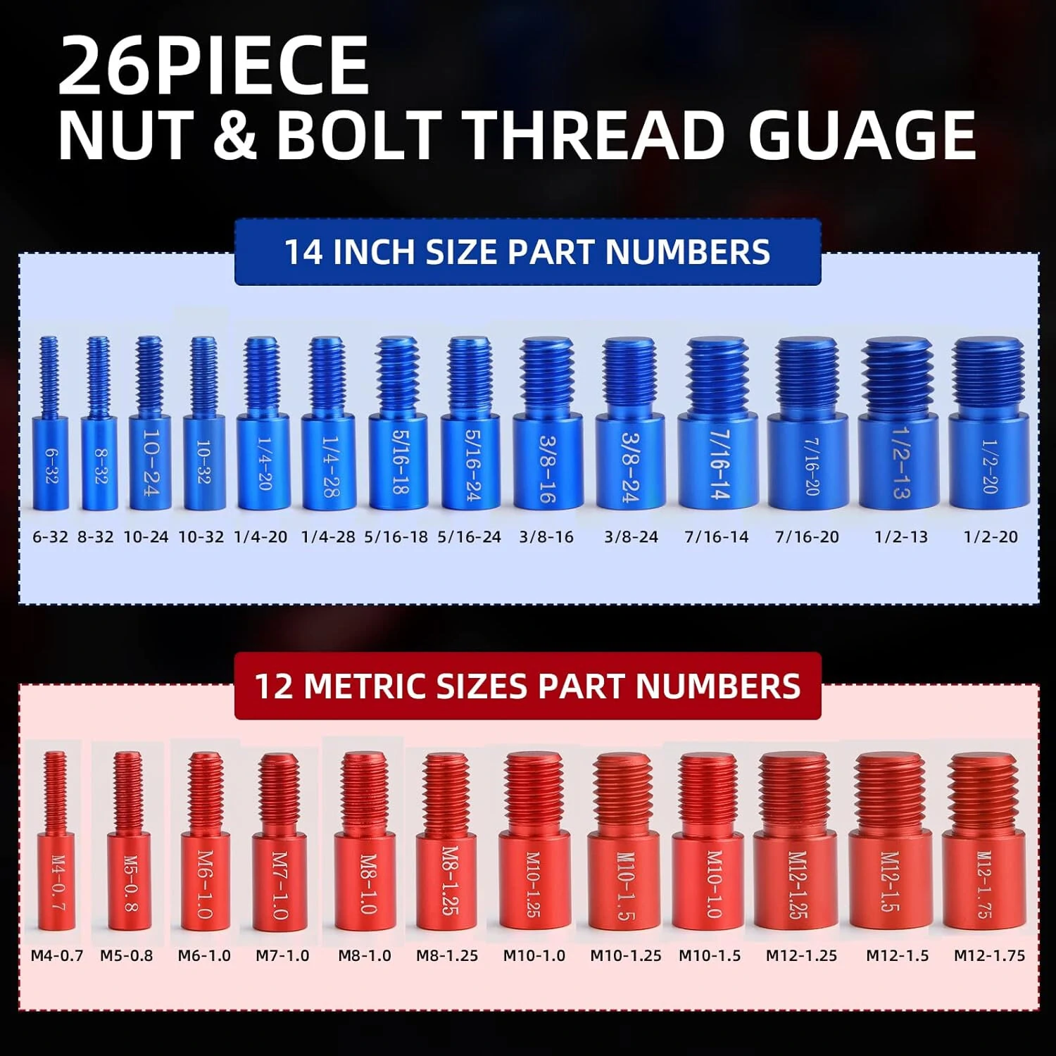 26PCS Nut & Bolt Thread Checker | 14 Inch & 12 Metric Size Gauge | Individually Assembled - Image 2