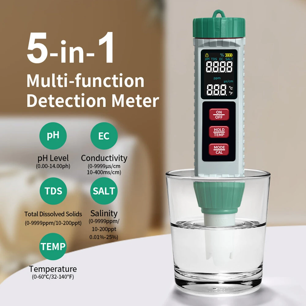 MF-X51 5-in-1 Water Tester - pH TDS EC Salinity Temperature | Digital Analyzer for Aquariums Pools Labs - Image 2