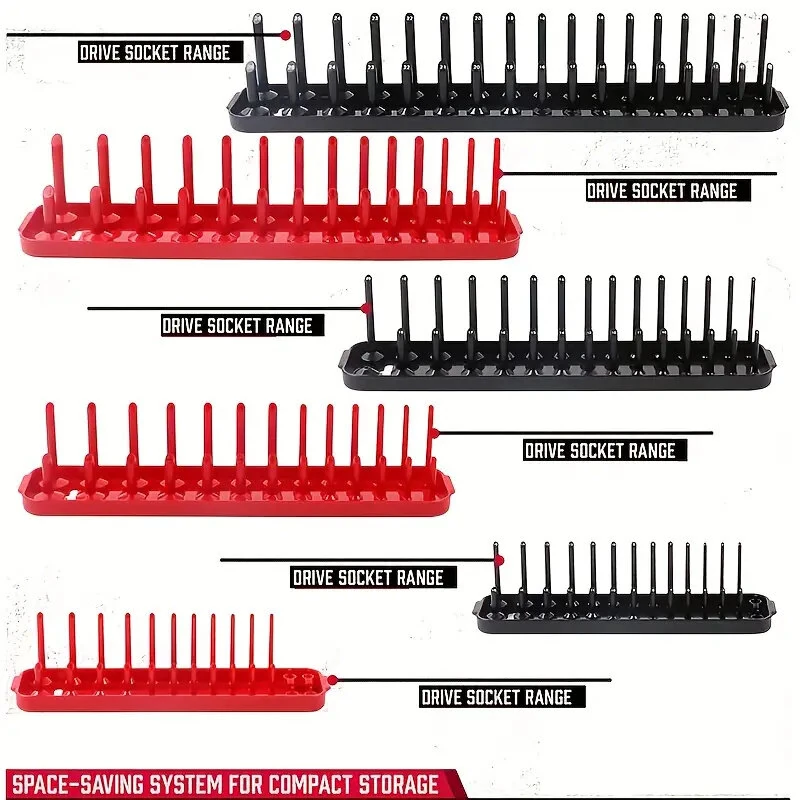 3-PCS Plastic Socket Organizer Tray Set - 1/4 3/8 1/2 Inch Metric/Imperial - Red/Black - Image 5