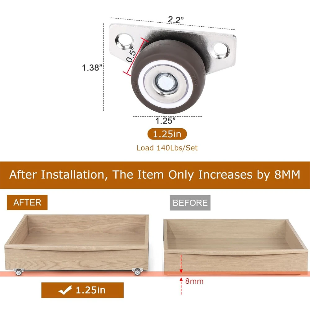 Small Side Mount Caster Wheels 1.25 Inch | Set of 4 Rubber Rigid Casters | 140 LB Capacity Non-Marking - Image 2