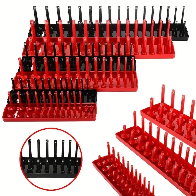 3-PCS Plastic Socket Organizer Tray Set - 1/4 3/8 1/2 Inch Metric/Imperial - Red/Black - Image 2