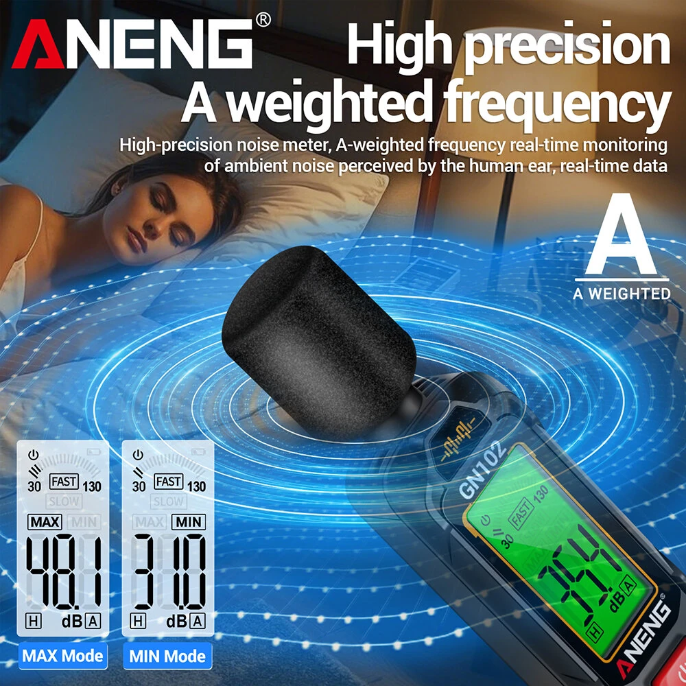 ANENG GN102 Digital Sound Level Meter - 30-130dB Range, LCD Backlit, Compact - Image 4