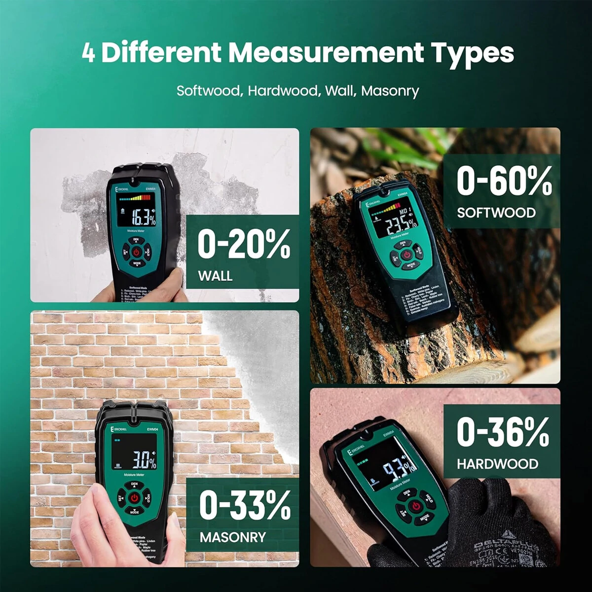 ERICKHILL EWM04 Wood Moisture Meter | 4 Modes for Drywall, Masonry & Hardwood - Image 3