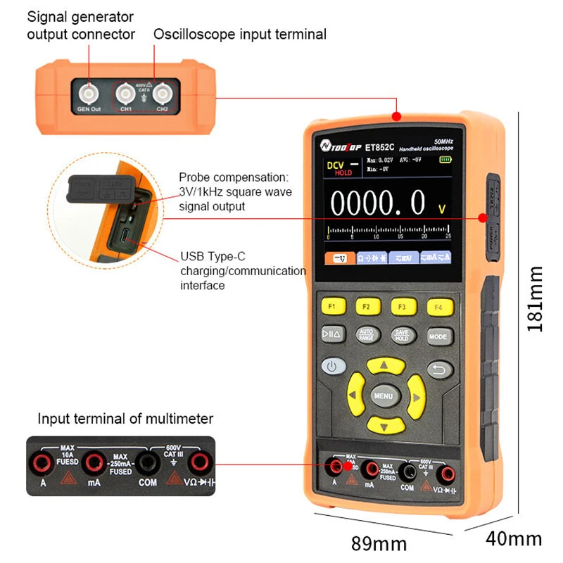 EU Direct ET852C Oscilloscope Multimeter | 50MHz 200MSa/s | 3-in-1 Signal Generator & Rechargeable - Image 5
