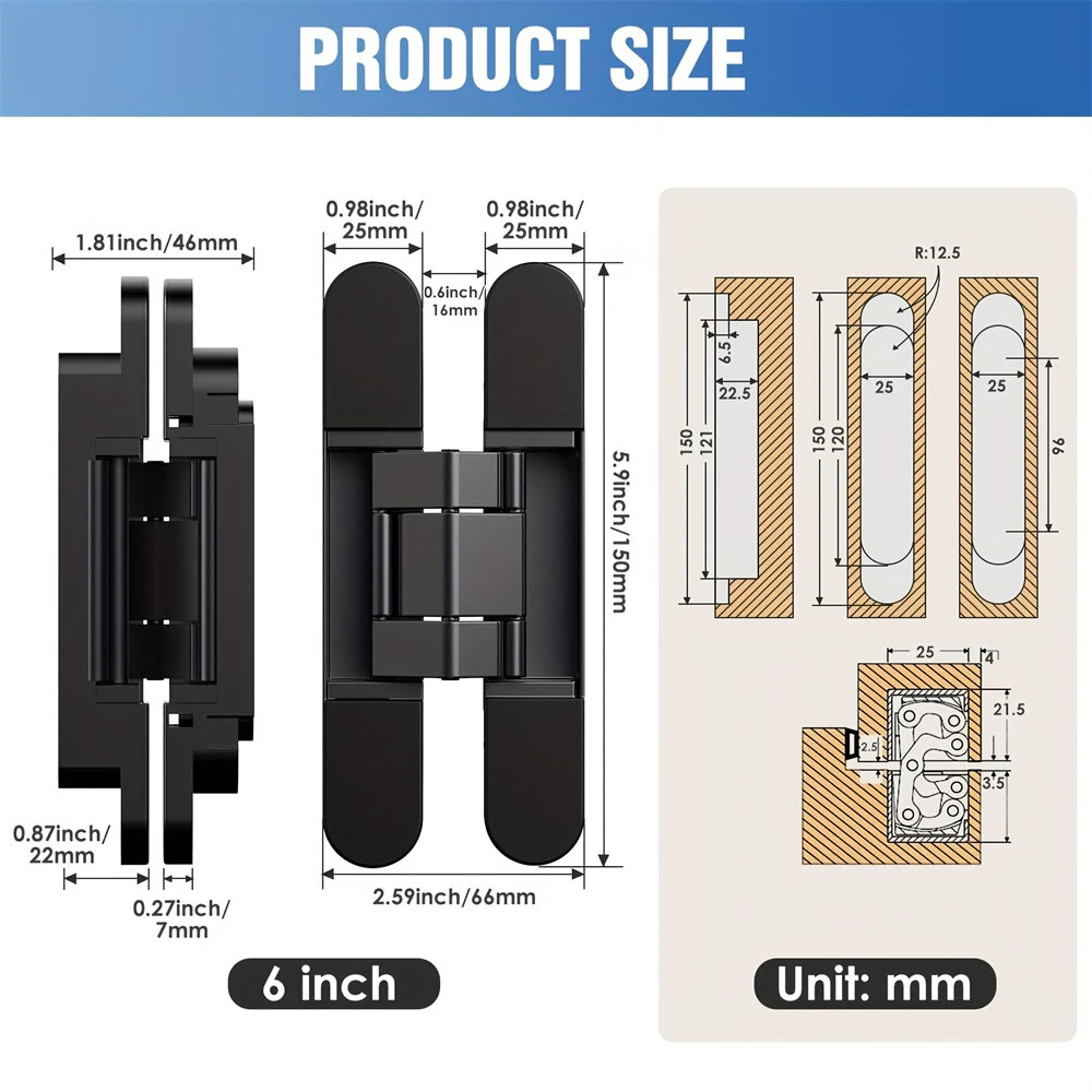 Premium Zinc Alloy Invisible Door Hinges - 6 Inch 180 Degree 3-Way Adjustable | Heavy Duty Anti-Corrosion for Interior & Exterior - Image 4
