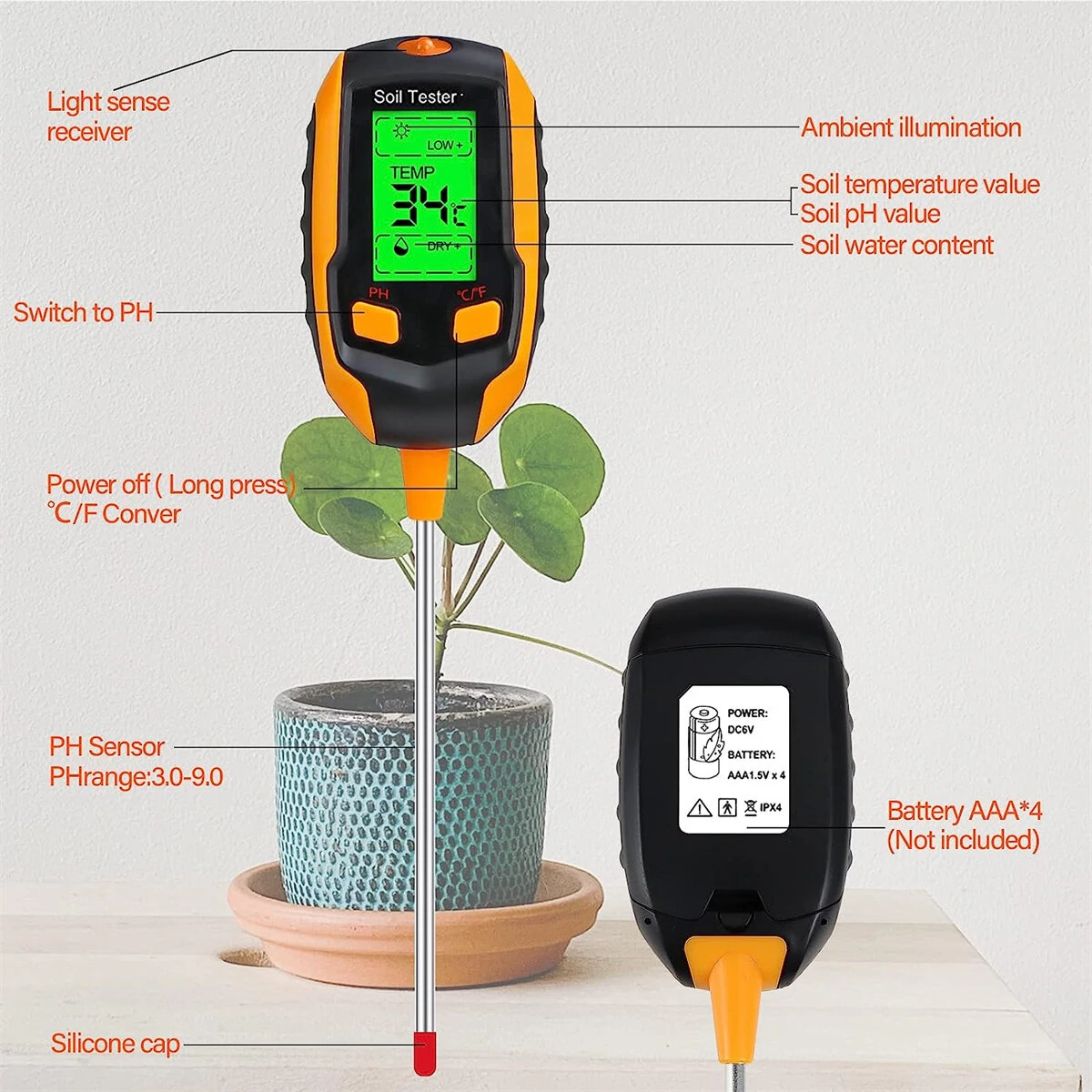 4in1 Digital Soil Tester - LCD PH Moisture Temperature Sunlight | Gardening Tool - Image 5