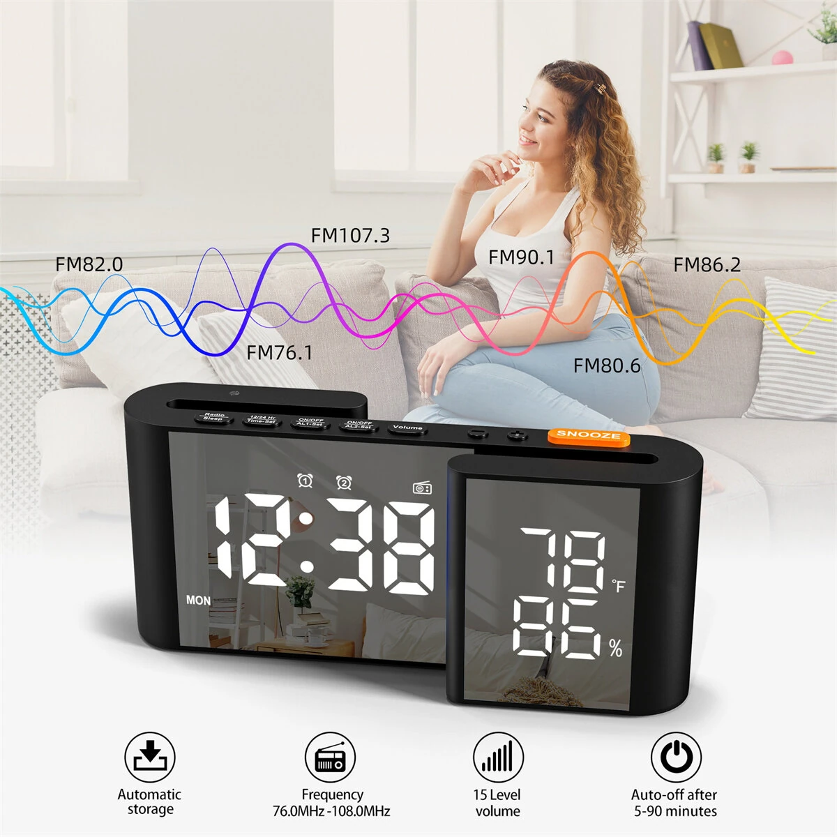 Multi-Function LED Clock - Dual Alarm, FM Radio, Hygrometer & USB Charging - Image 4