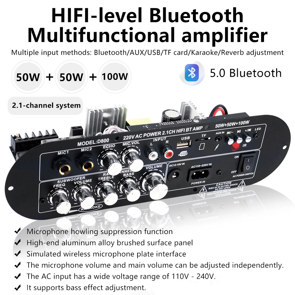 D900 2.1 Channel Bluetooth Amplifier Board - 50W Subwoofer 100W HiFi | AUX USB TF - Image 2