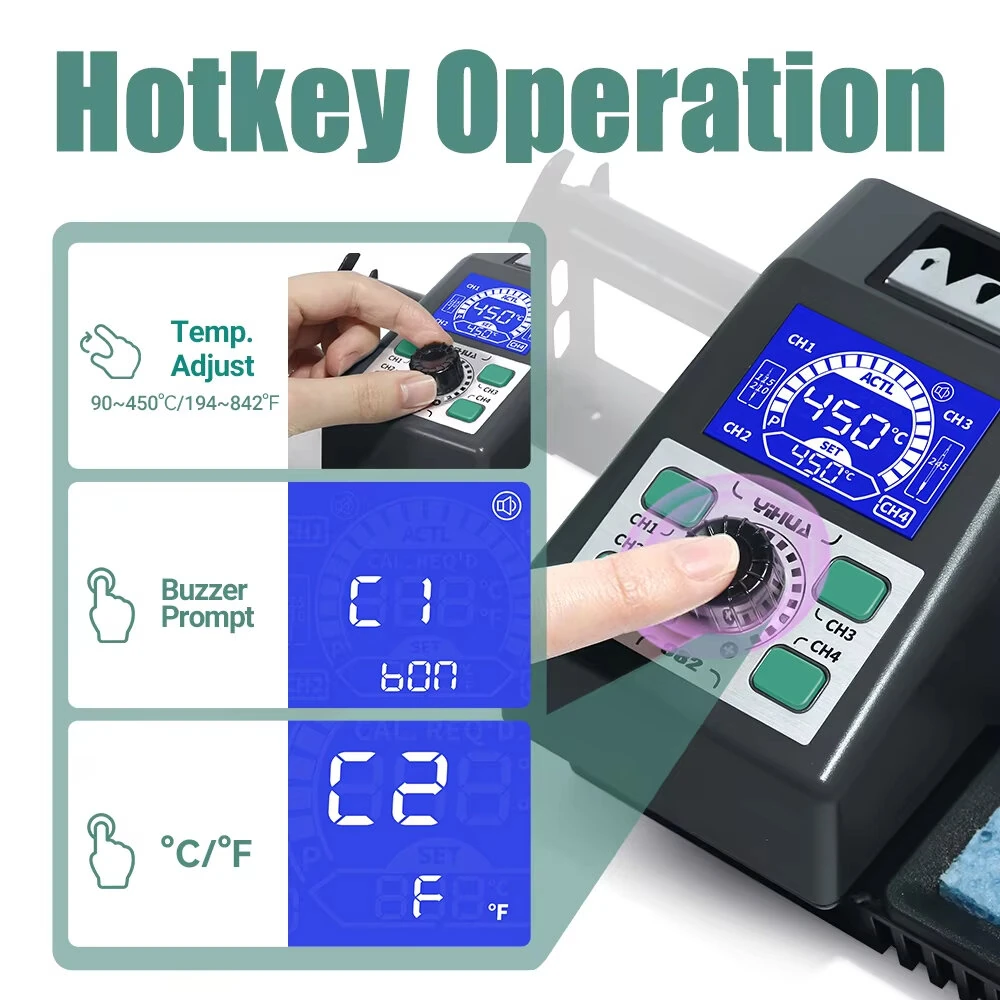 YIHUA 982 Soldering Station - LCD Display | 90°C-450°C Adjustable | C210/C245 Handles - Image 3