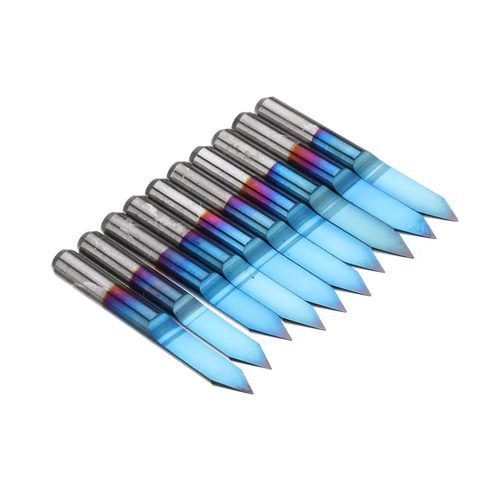Drillpro 10pcs PCB Engraving Bits - 0.1-0.5mm 45° Flat Bottom - Blue NANO Coated Carbide - Image 3
