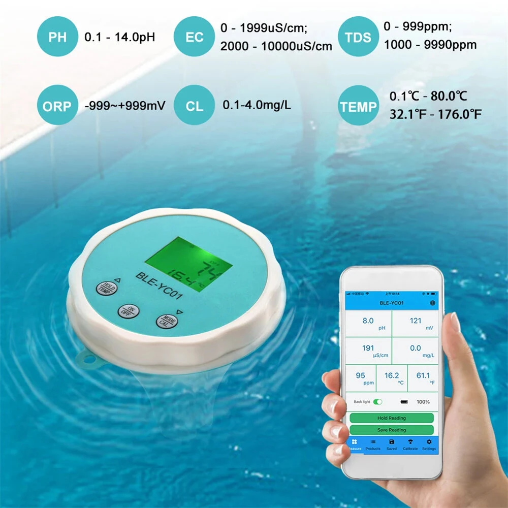 6-in-1 Water Quality Detector | PH EC TDS ORP CL Temperature Tester | APP Monitor for Pool - Image 2