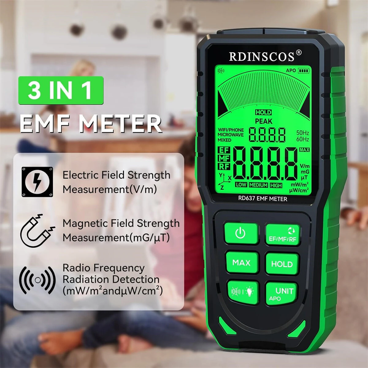 RD637 EMF Detector | 3-in-1 Portable Meter for 5G WiFi Smart Meters | Tri-Color LCD & Rechargeable - Image 2