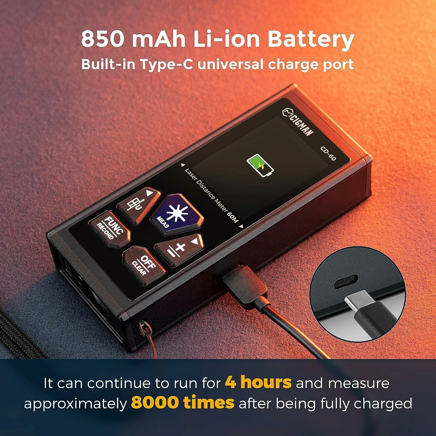 CIGMAN CD-60 Laser Distance Meter - 393ft High Precision - Rechargeable with LCD Display - Image 3