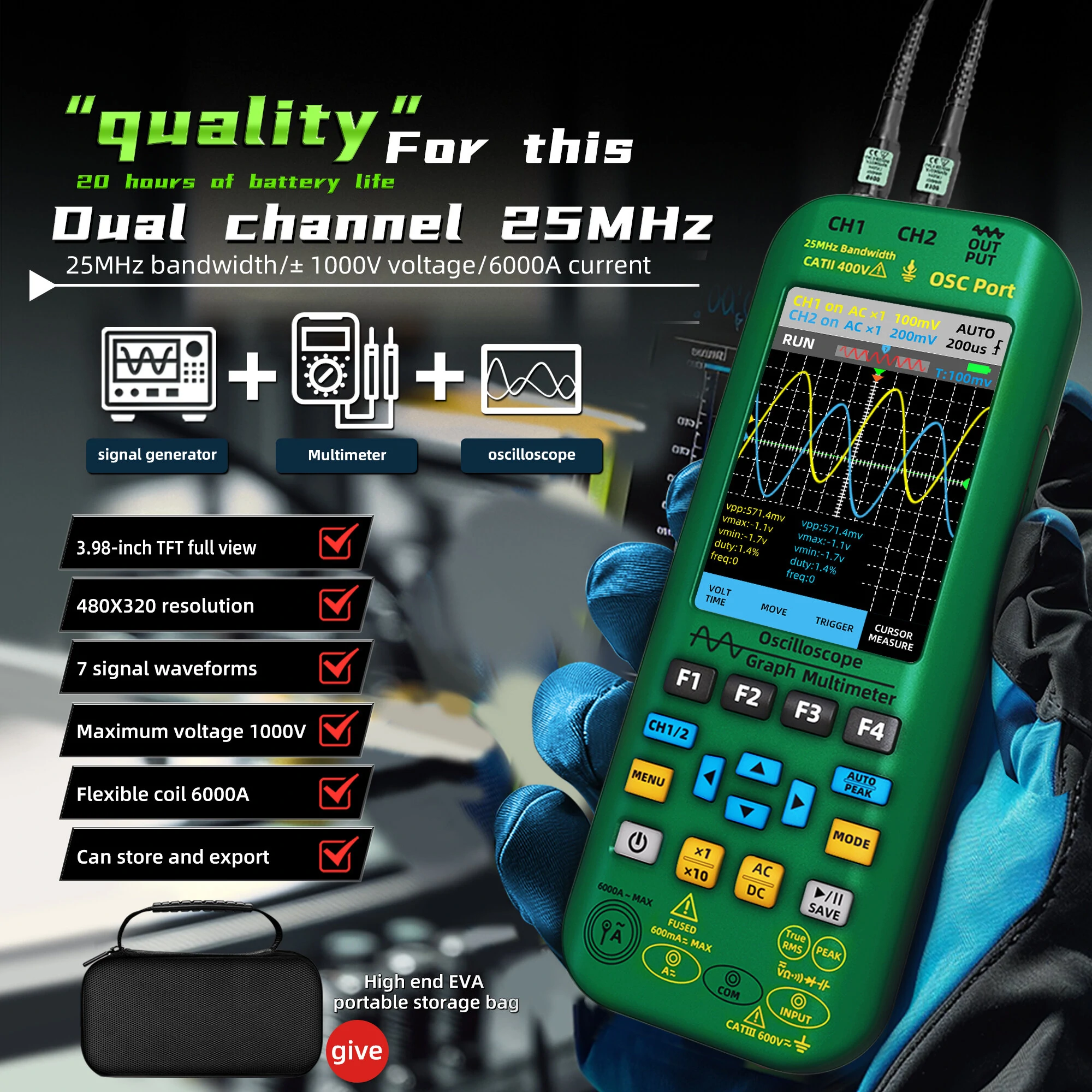 BSIDE O7 4-in-1 Handheld Oscilloscope - 50MHz Dual Channel & 6000A Current Tester - Image 2