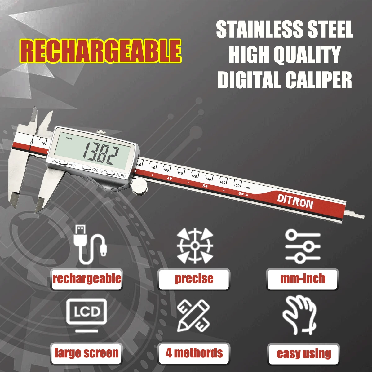 DITRON Digital Caliper 701 | 0-6 Inch Stainless Steel | Rechargeable Type-C & Large Screen - Image 2