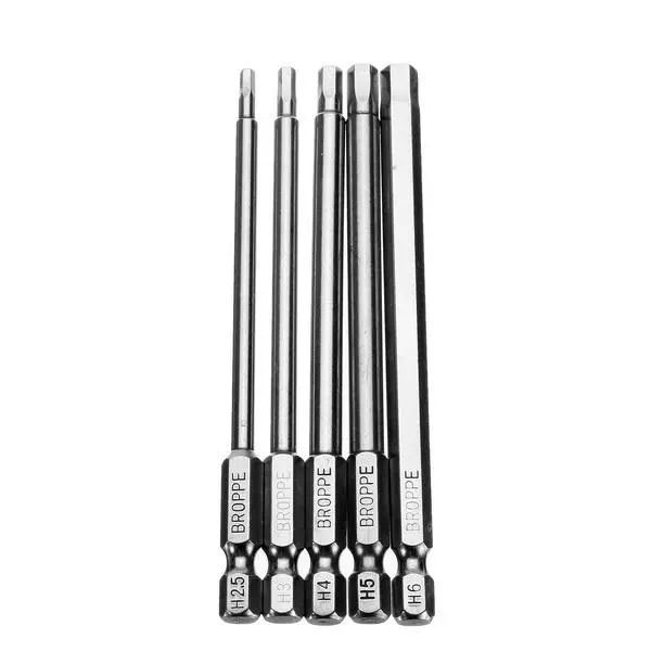Broppe 5Pcs 100mm H2.5-H6 Hex Screwdriver Bits | 1/4 Inch Magnetic Shank - Image 2