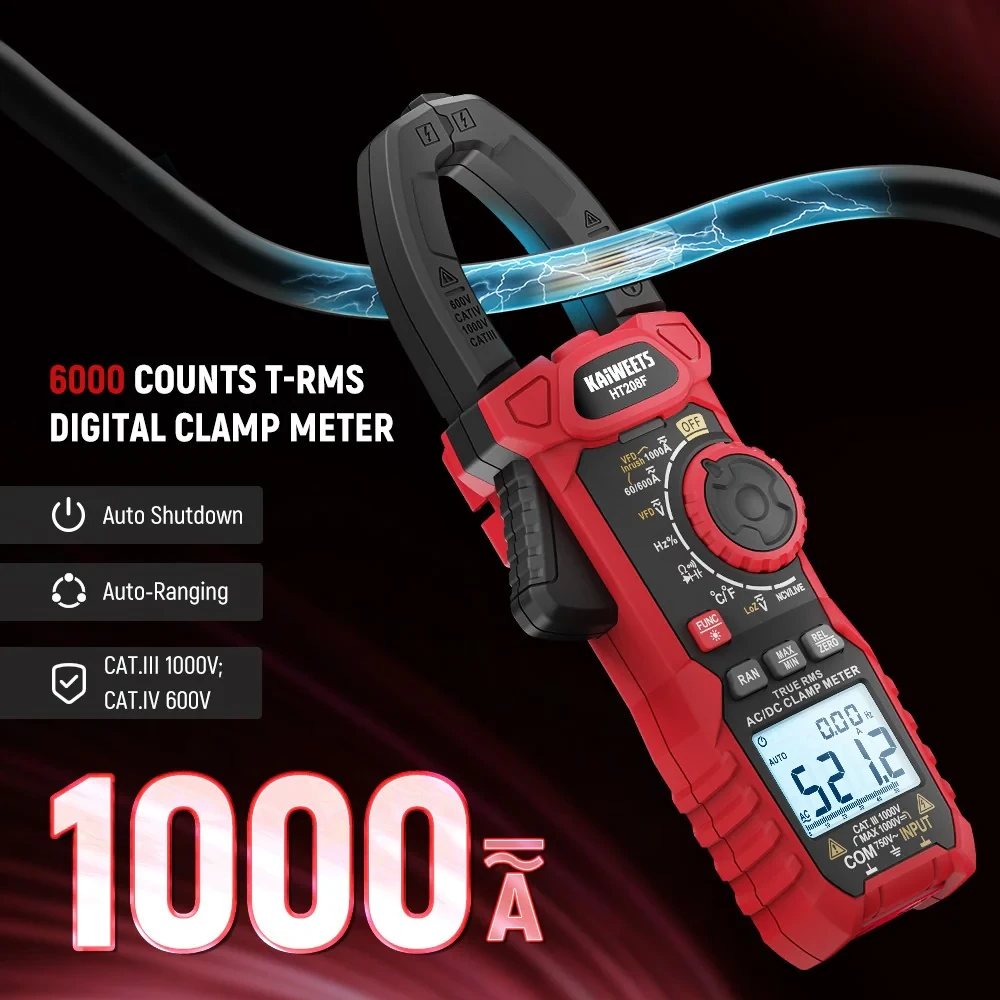 KAIWEETS HT208F Digital Clamp Meter - True-RMS 1000A AC/DC Current Tester - Image 3