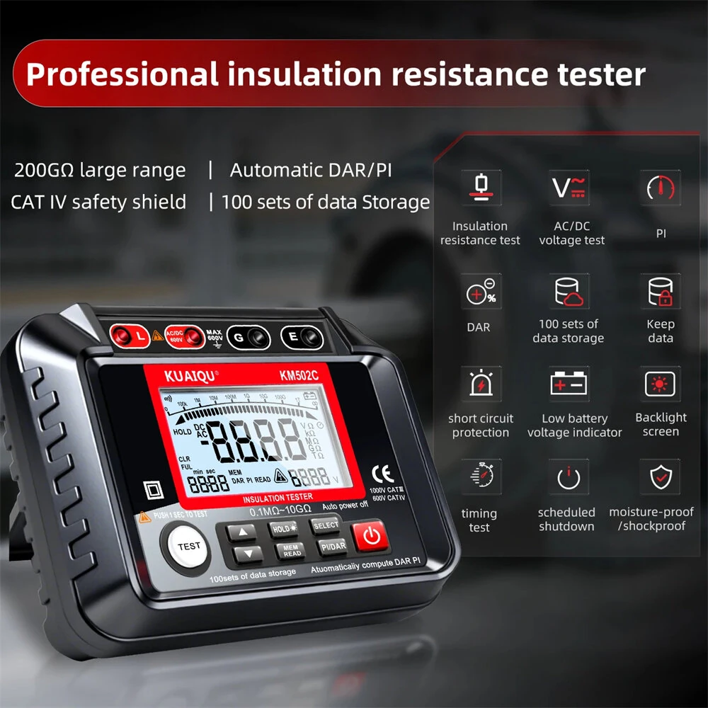 KUAIQU KM502C Insulation Resistance Tester | 1000V 20GΩ Megohmmeter - Auto Discharge & Backlit Screen - Image 2