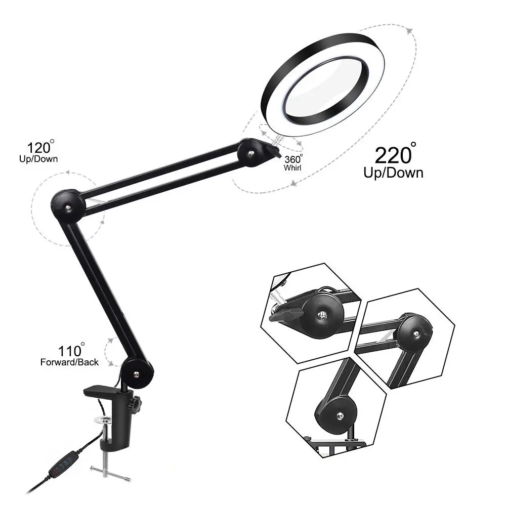 YG-809-2 LED Magnifying Lamp - 5X Illuminated Desktop Magnifier with 84mm Clamp & Swivel Arm - Image 4