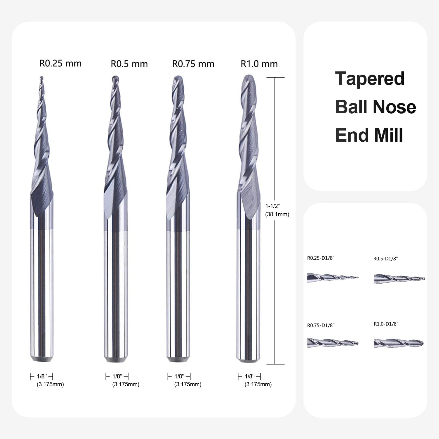 CMT 1/8 Inch Shank Tapered Ball Nose Router Bit Set | TiAIN Coated 2 Flute | For Wood Metal Acrylic - Image 2