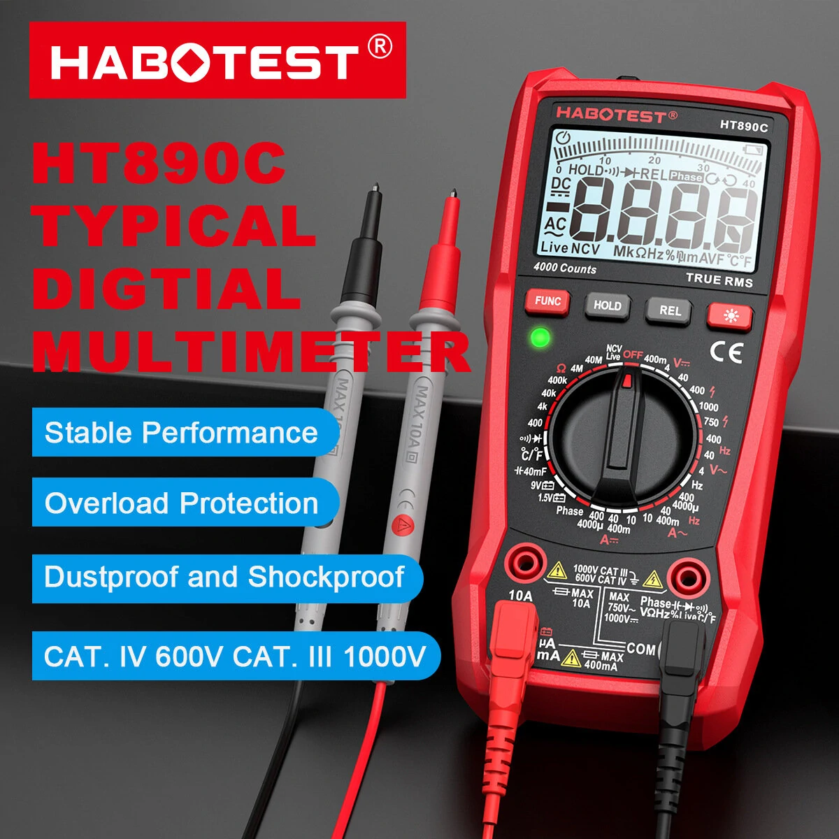 HABOTEST HT890C Professional Digital Multimeter | True RMS - Measures Voltage, Current, Temperature - Image 2