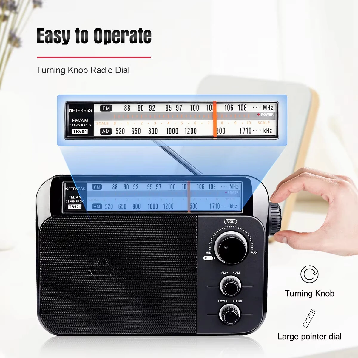 Retekess TR604 Portable AM FM Radio - Rechargeable Battery & Speaker for Seniors - Image 4