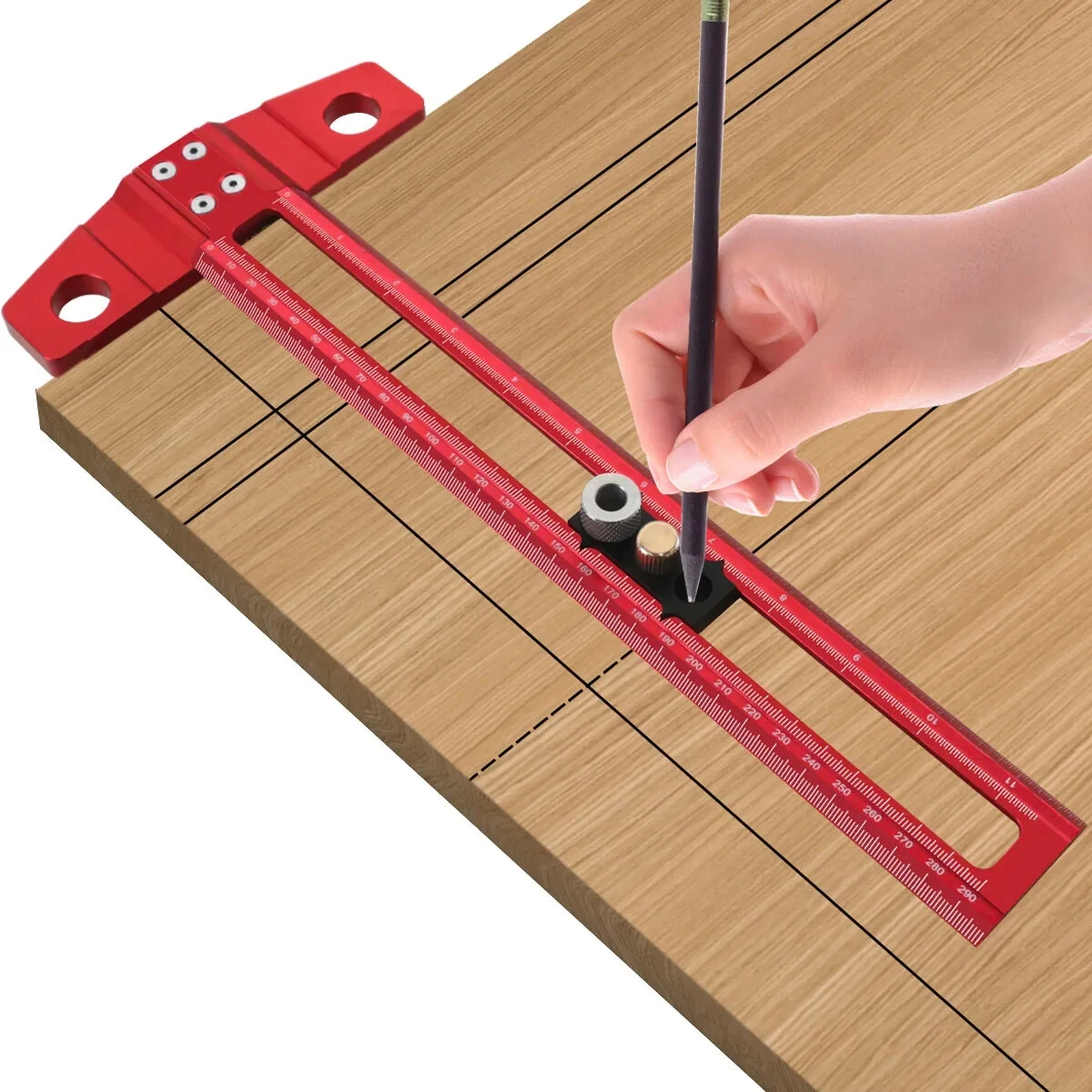 2 in 1 Woodworking Drilling Jig & Scribing Ruler | Aluminum T-Square with Metric/Inch Scale - Image 3
