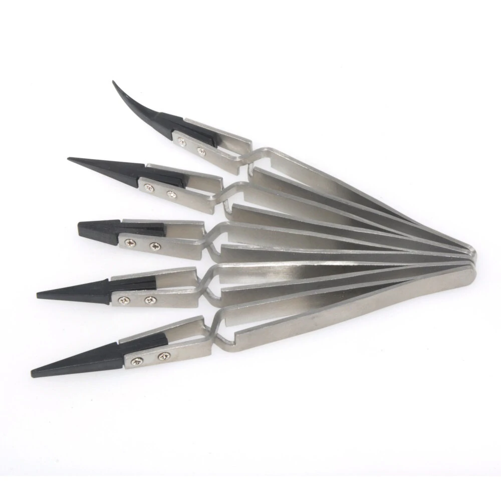 ESPLB Silver-Black Reverse Tweezers - 5PCS Set with Plastic Tips - Stainless Steel - Image 2
