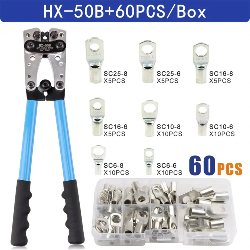 HX-50B Battery Cable Crimping Tool for 10-1 AWG - With 60Pcs Copper Ring Terminals & Lugs Set - Image 4