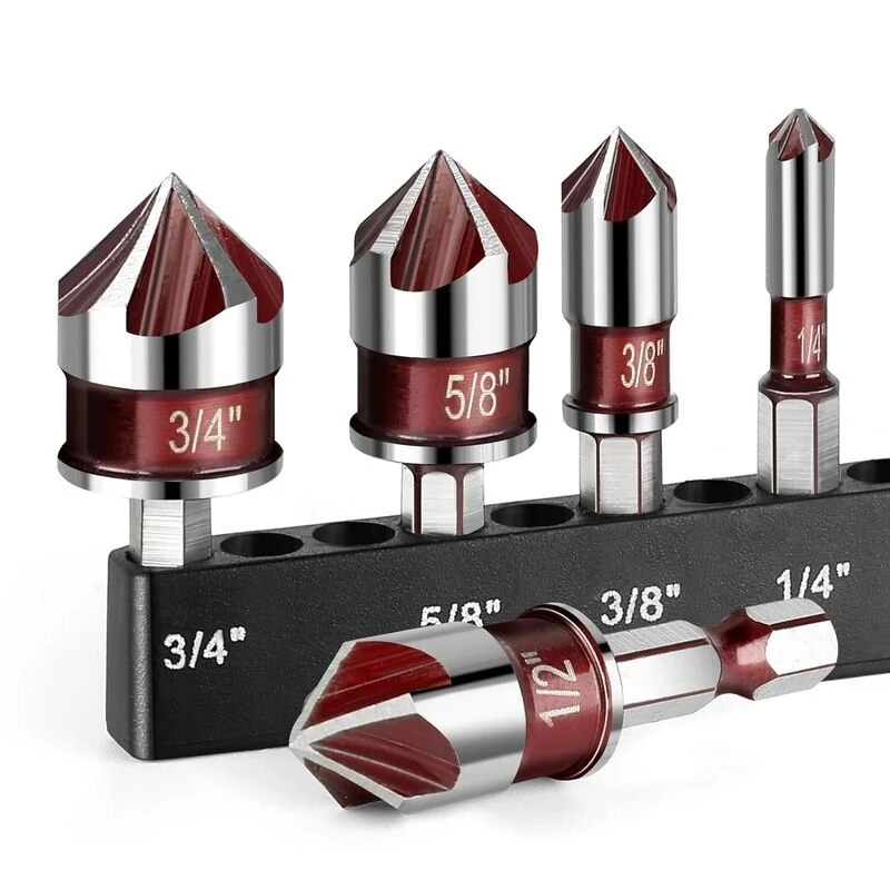 Premium Steel 5 Flute Countersink Drill Bits Set - Hex Shank 82 Degree Tip - Image 2