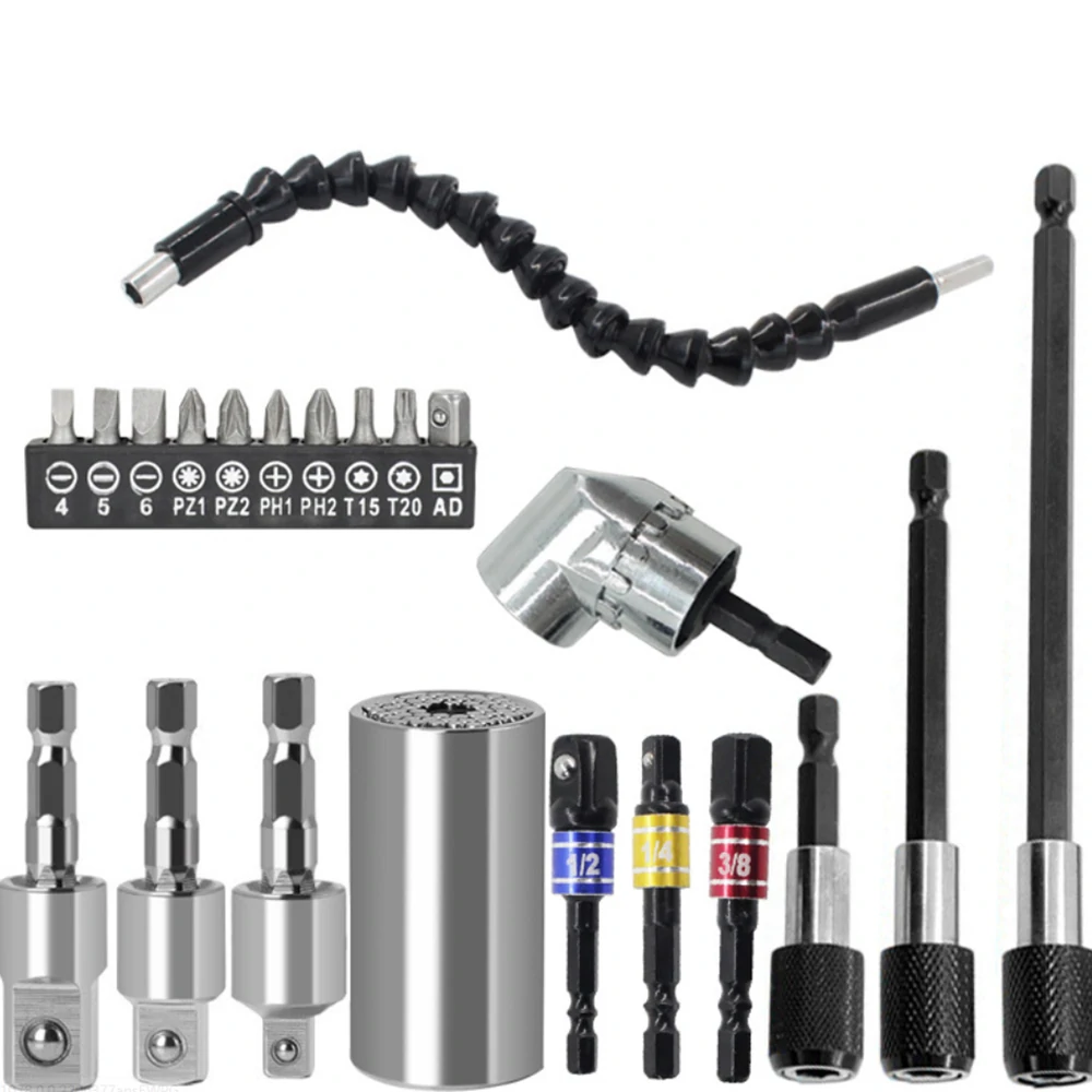 Flexible Drill Extension Set - 16 to 32pc Hex Shank Nut Driver & Socket Adapter Bits - Image 2