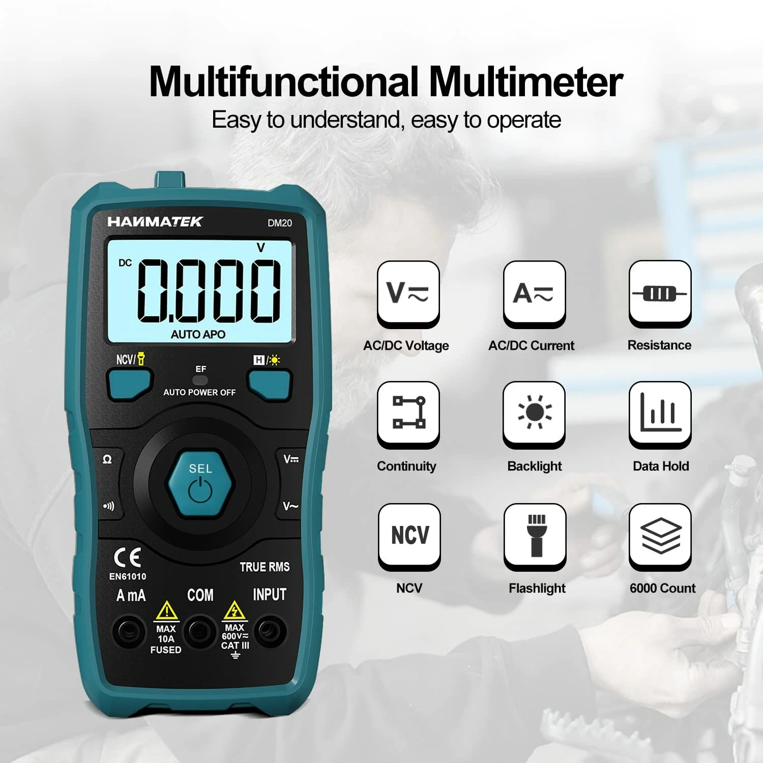 HANMATEK DM20 Digital Multimeter | Auto-Ranging 6000 Counts | NCV Voltage Tester - Image 2