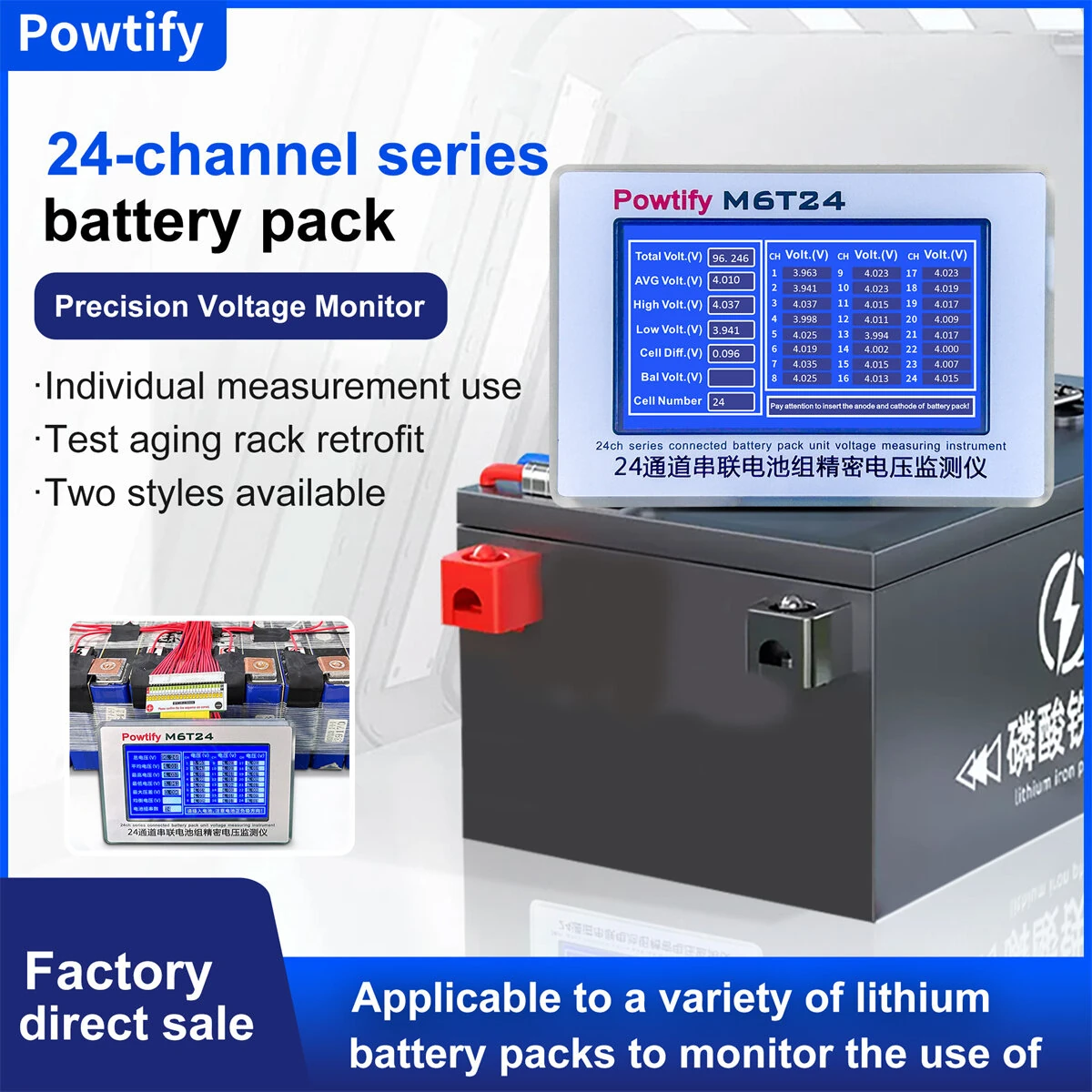 SUNKKO M6T24 Battery Pack Monitor - 24 Channel 5V Tester | 5-Inch LCD Real-Time - Image 2
