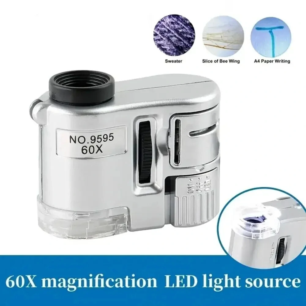 60X Handheld Mini Pocket Magnifier with UV & LED Light | Portable Jeweler Microscope for Inspection - Image 2