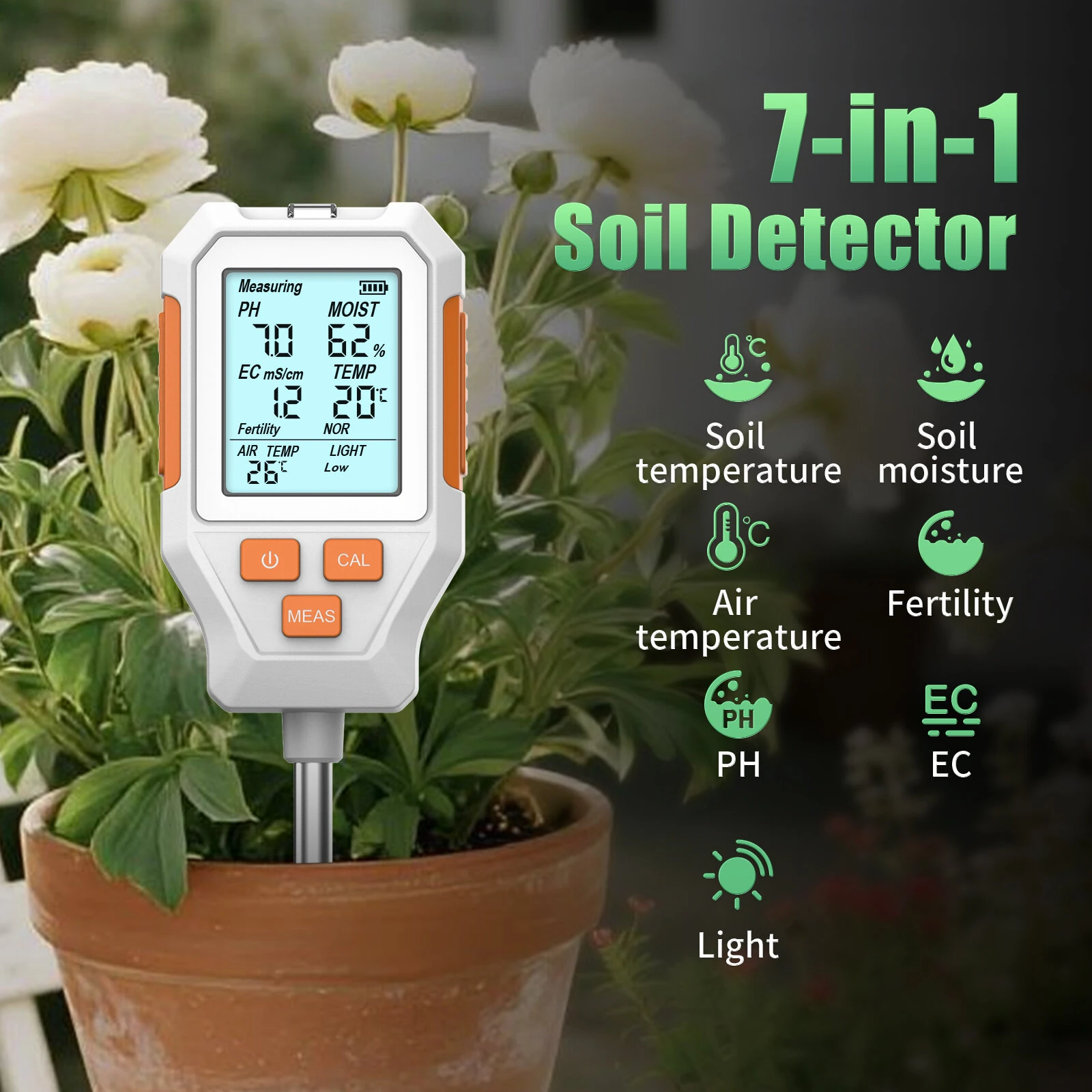 SGS12 3-in-1 Soil Analyzer - Measures Moisture, pH, Fertility | Digital Display - Image 2