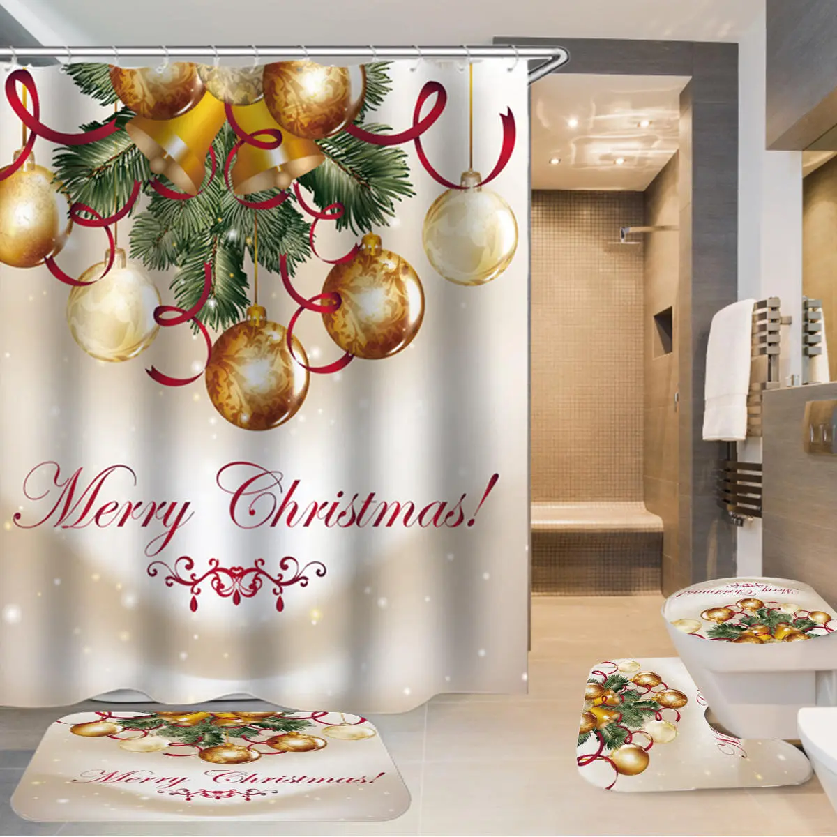 Merry Christmas Bath Shower Curtain Set - 180x180cm Waterproof & Non-Slip Mat - Image 5