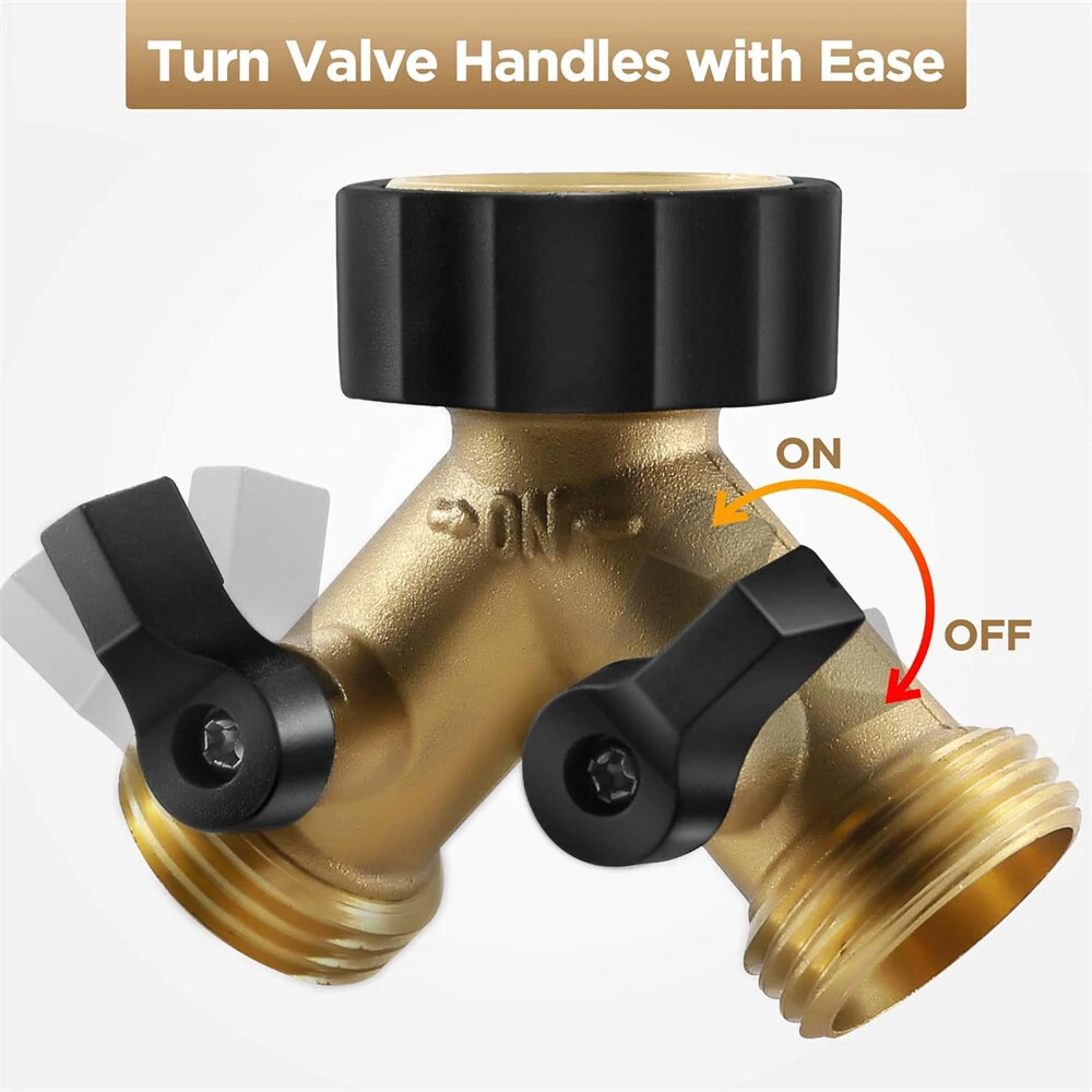 Solid Brass 2-Way Y Valve Garden Hose Splitter | Ball Valve Dual Ports - 3x3x2 in - Image 4