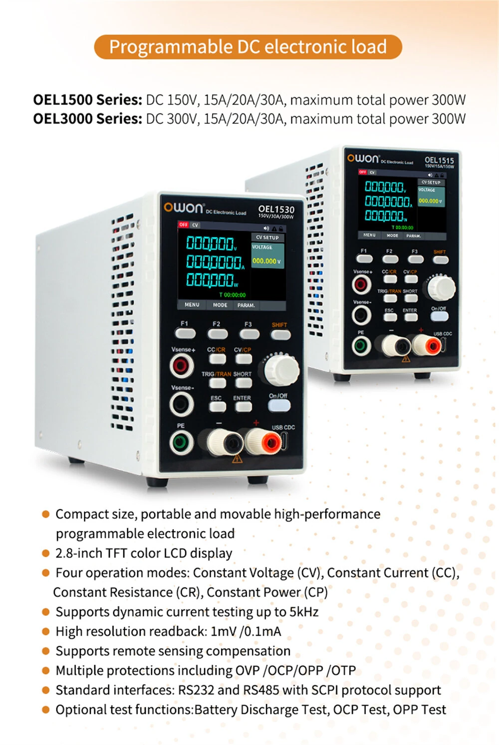 OWON Programmable DC Electronic Load 150W 300W | RS485 RS232 SCPI | 2.8-inch TFT LCD - Image 2