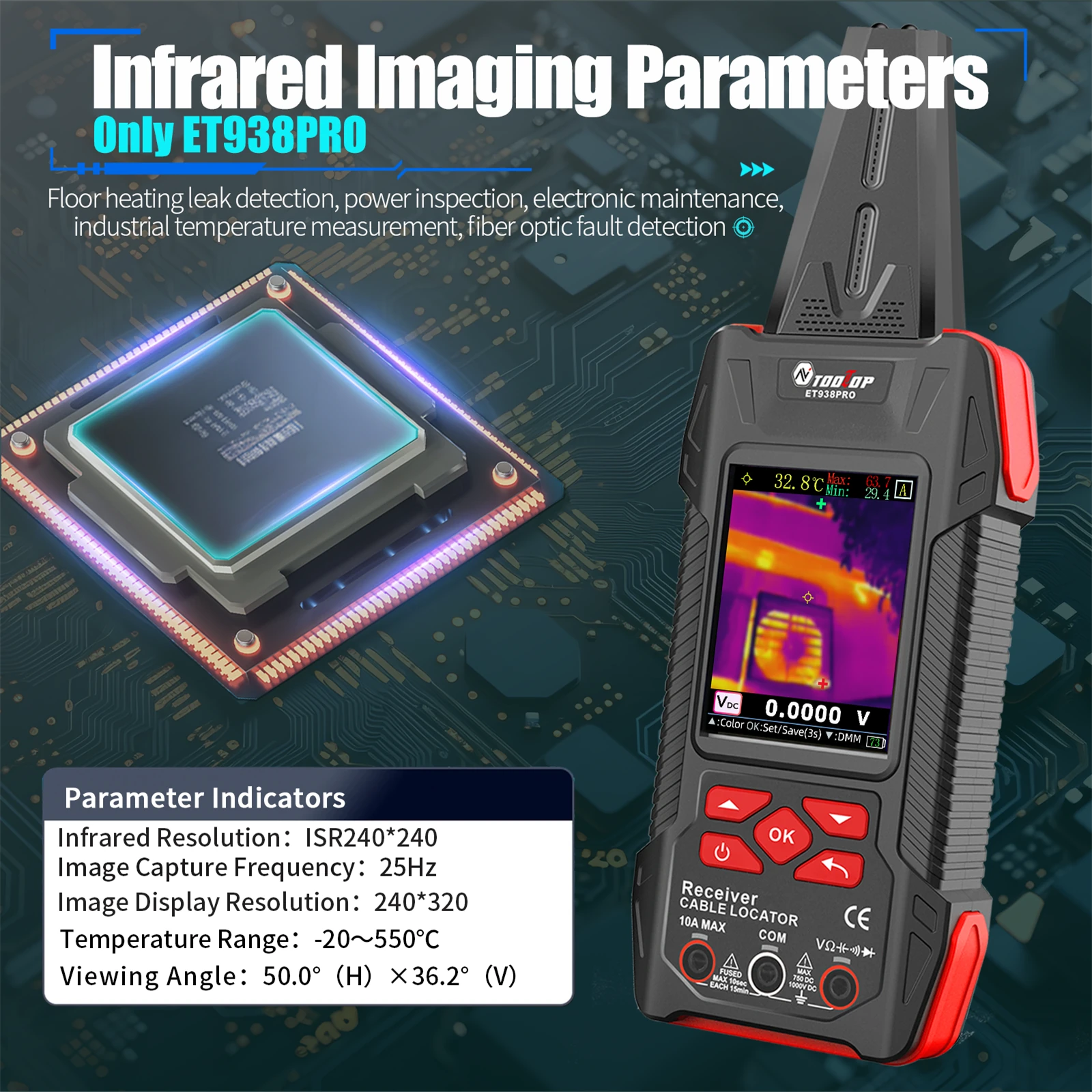 ET938PRO 3-in-1 Wire Locator - Infrared Thermal Camera & Multimeter | LCD Screen, Rechargeable, 2m Depth - Image 3