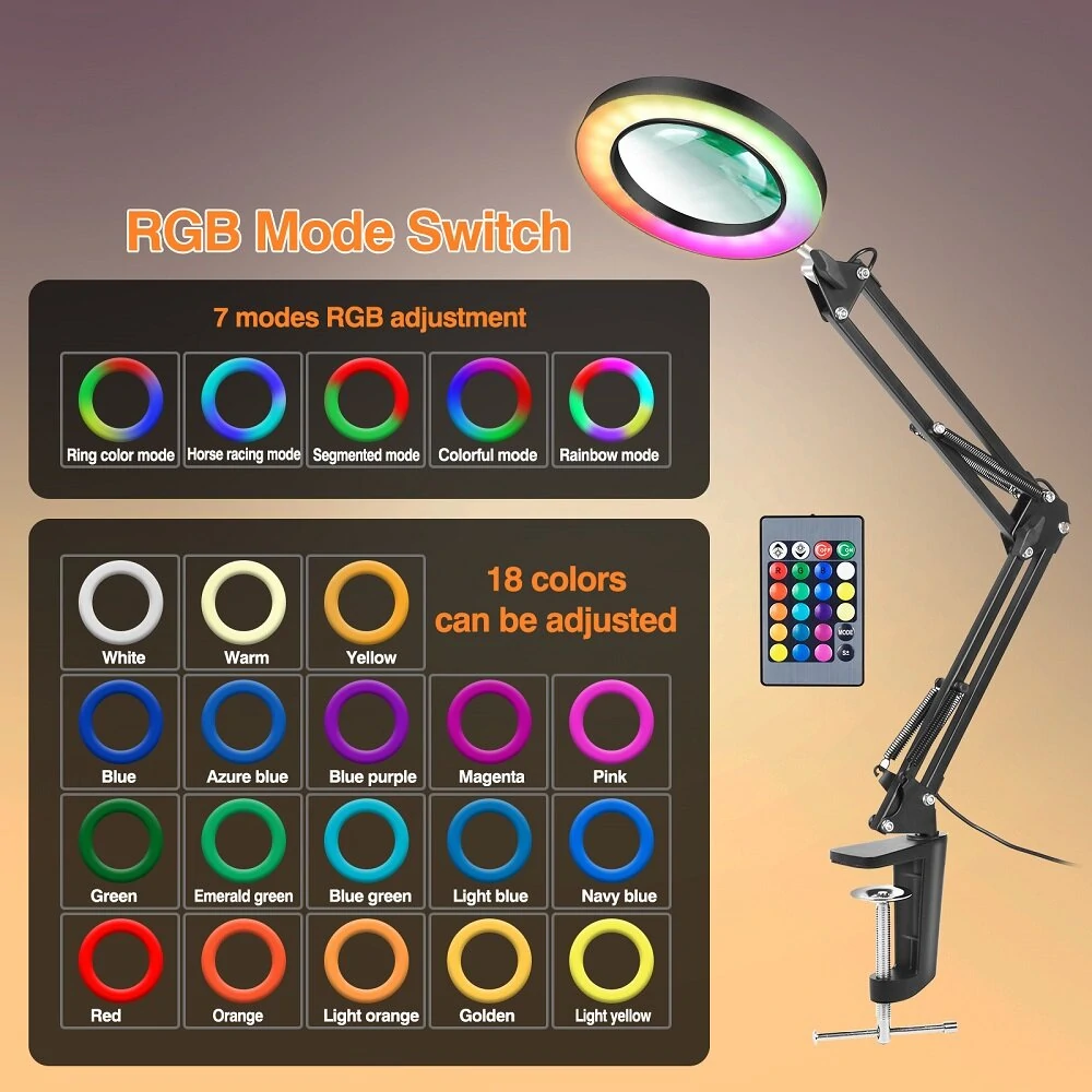 5X RGB LED Desktop Magnifier - USB Rechargeable, Adjustable Clip-on Light for Reading & Work - Image 4