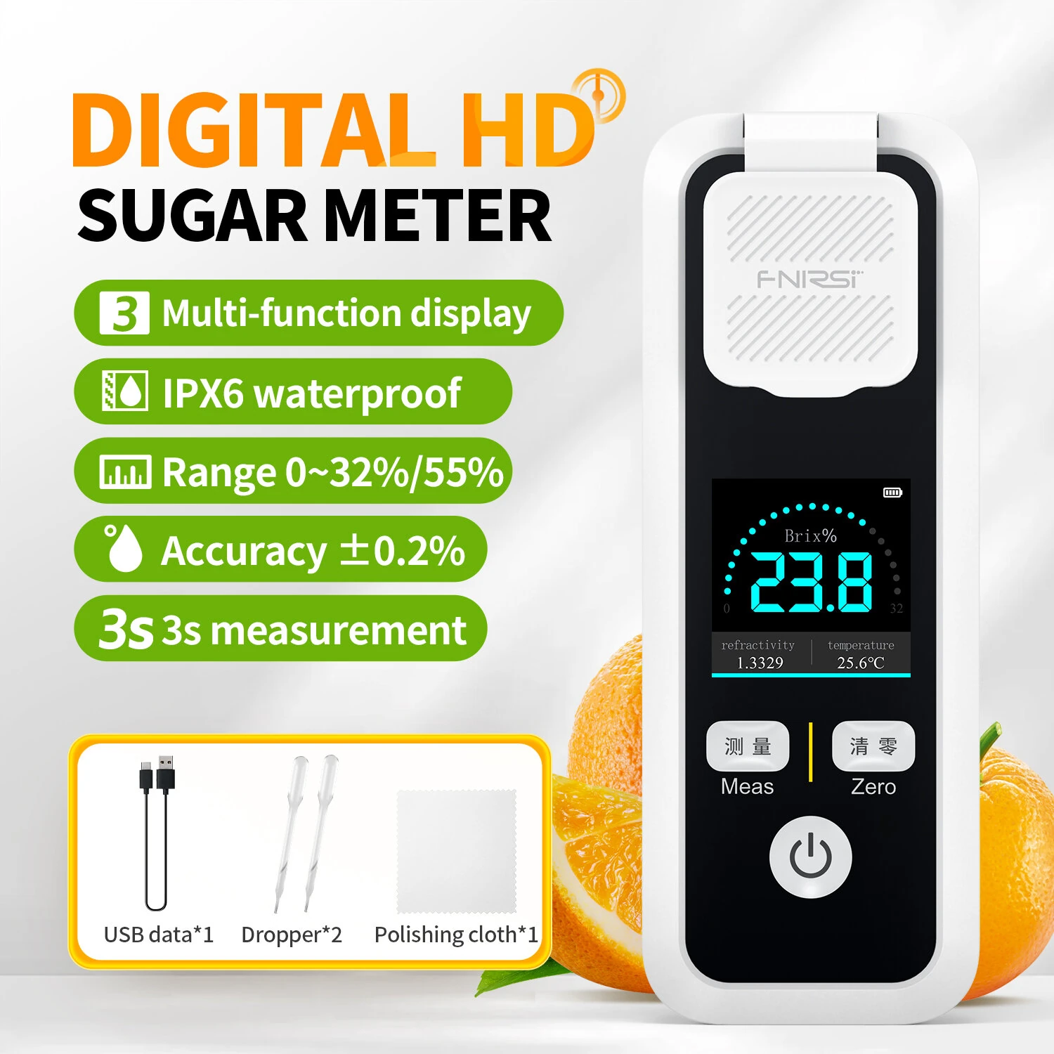 FNIRSI JBM-10 Digital Brix Refractometer | 0-32% High Precision ±0.2% | IPS Display Type-C Charging - Image 2